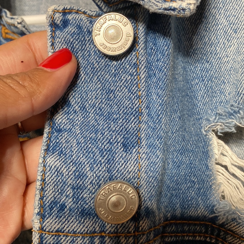 Oversized Distressed Denim Vest with Floral Back - Picture 16 of 17